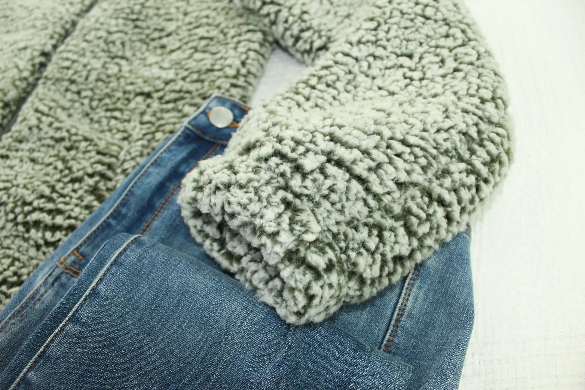 IN STOCK Two Tone Fullzip Sherpa - Olive and White by Michelle Mae