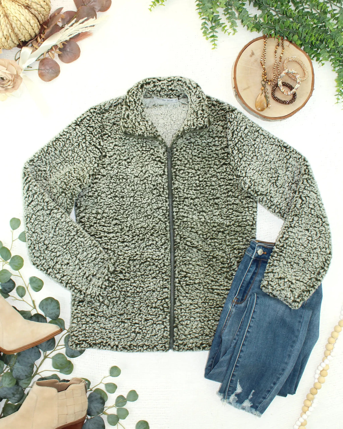 IN STOCK Two Tone Fullzip Sherpa - Olive and White by Michelle Mae