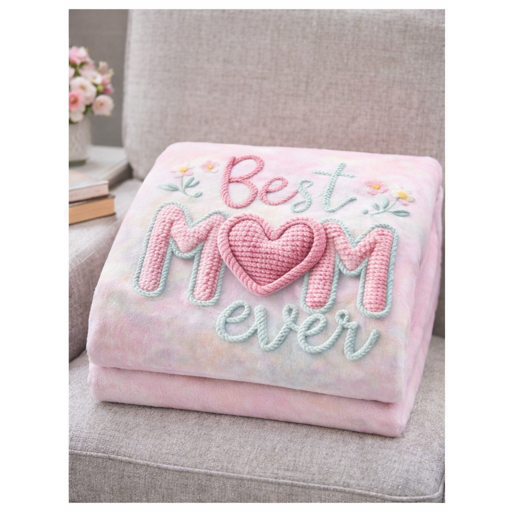 Pink blanket with 'Best Mom Ever' embroidery on a gray chair