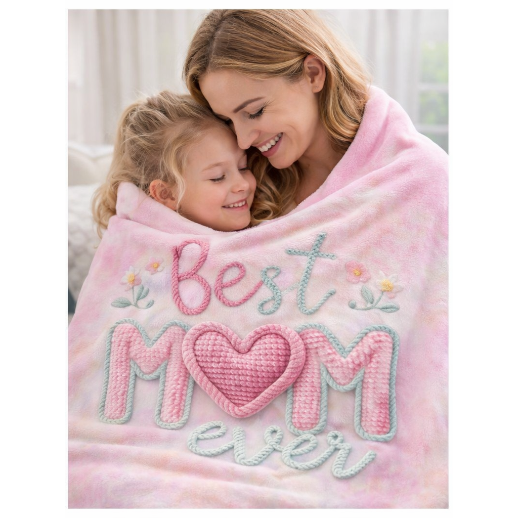 Woman and child wrapped in a pink blanket with 'Best Mom Ever' text