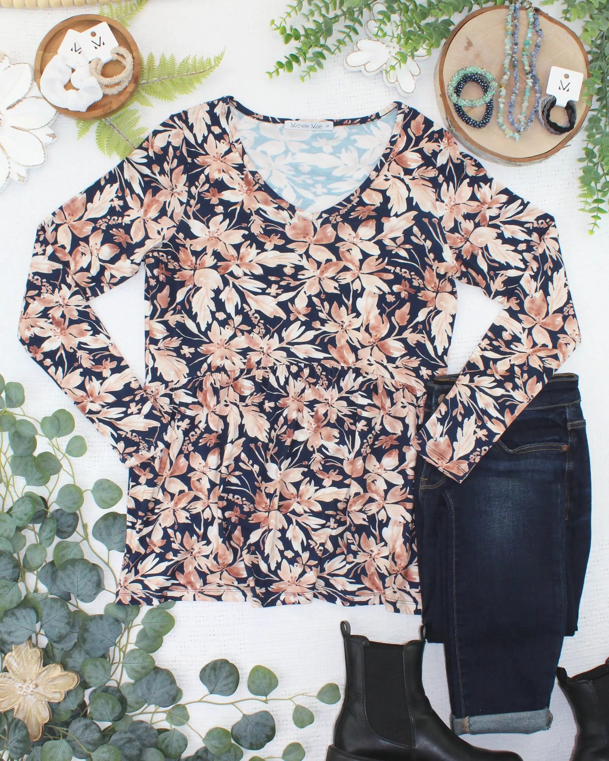 IN STOCK Long Sleeve Sarah Ruffle Top - Navy Autumn Petals by Michelle Mae