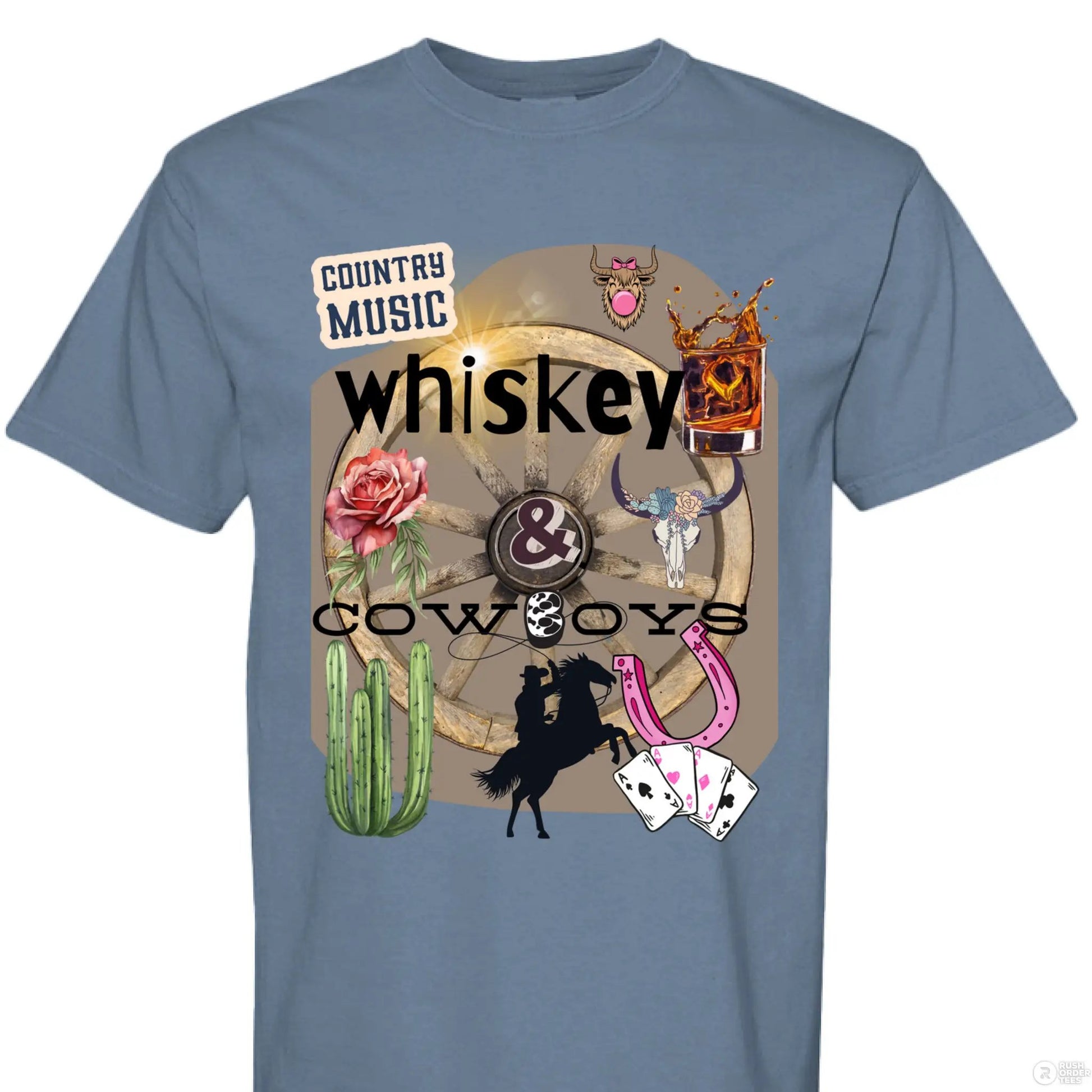 Country Music Whiskey and Cowboys Collage Design on Comfort Colors Unisex 1717 T Shirt by Knitted Grace Boutique