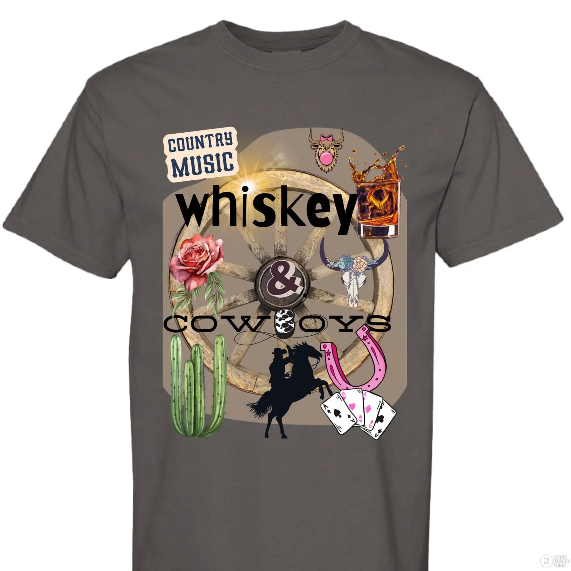Country Music Whiskey and Cowboys Collage Design on Comfort Colors Unisex 1717 T Shirt by Knitted Grace Boutique