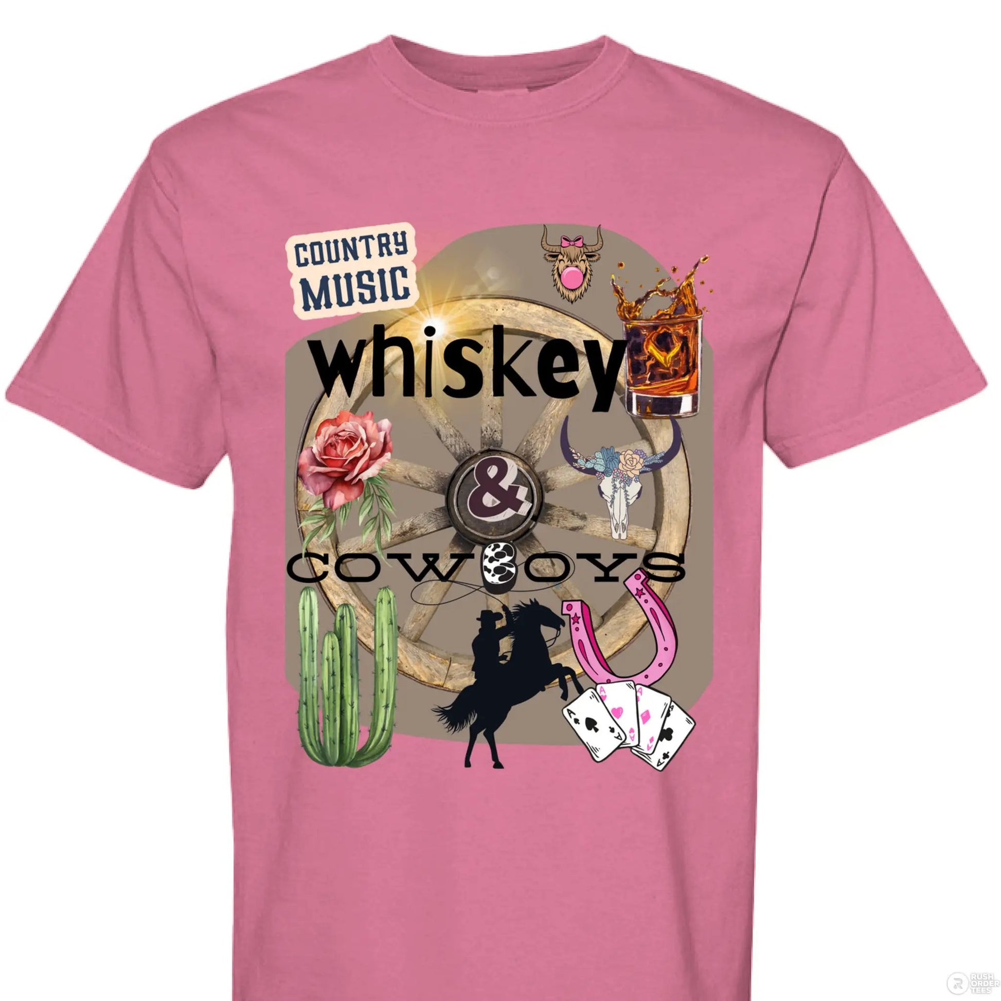 Country Music Whiskey and Cowboys Collage Design on Comfort Colors Unisex 1717 T Shirt by Knitted Grace Boutique