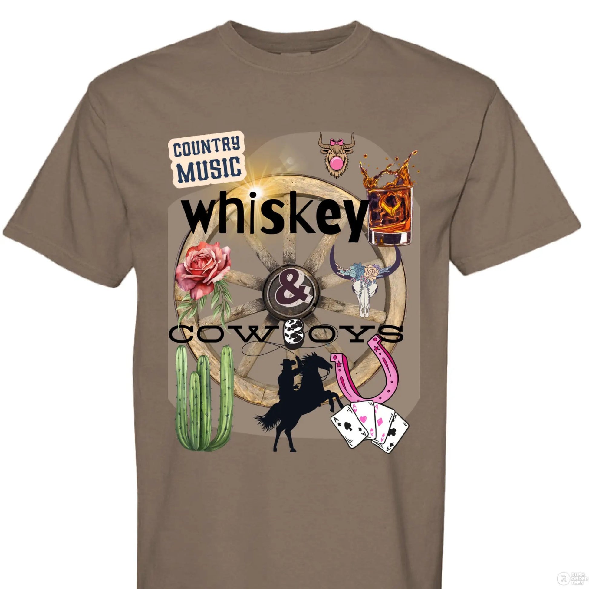 Country Music Whiskey and Cowboys Collage Design on Comfort Colors Unisex 1717 T Shirt by Knitted Grace Boutique