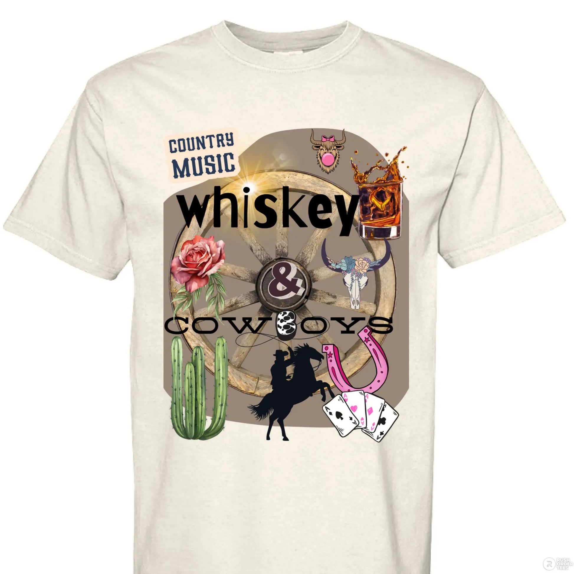 Country Music Whiskey and Cowboys Collage Design on Comfort Colors Unisex 1717 T Shirt by Knitted Grace Boutique