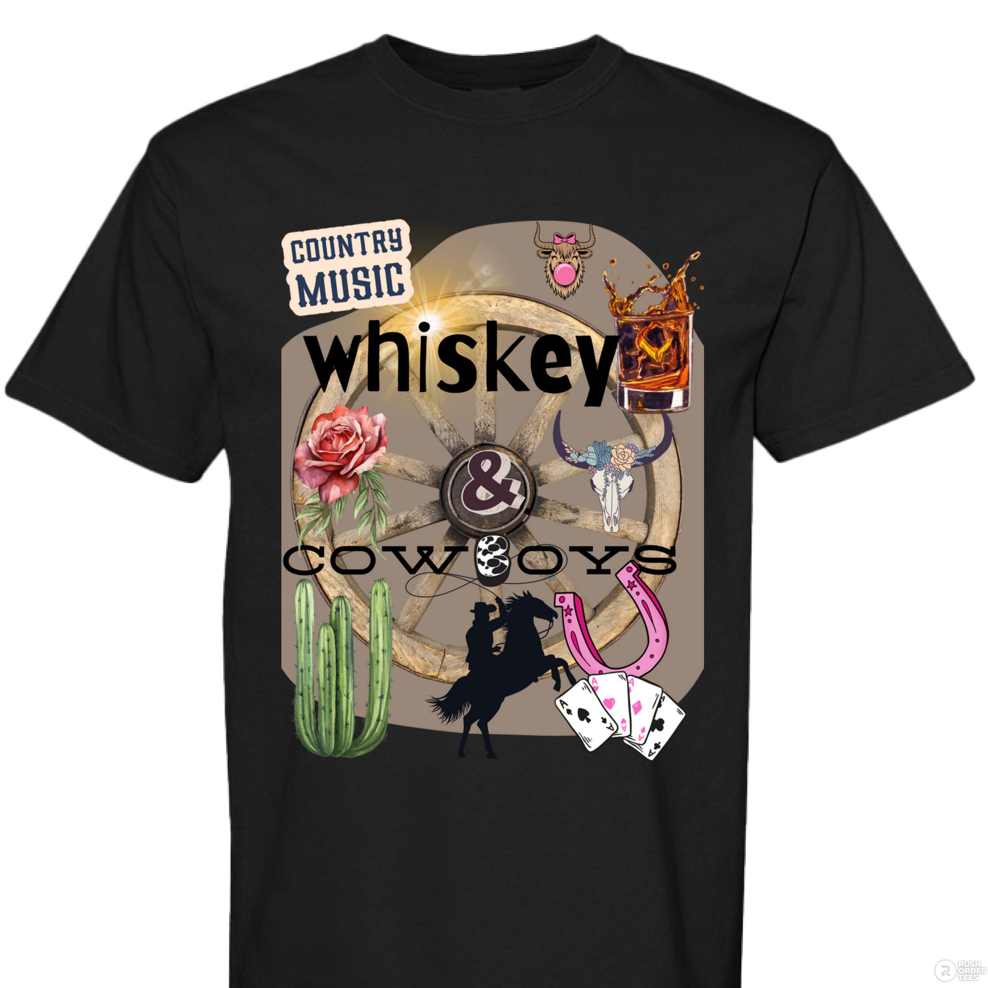 Country Music Whiskey and Cowboys Collage Design on Comfort Colors Unisex 1717 T Shirt by Knitted Grace Boutique