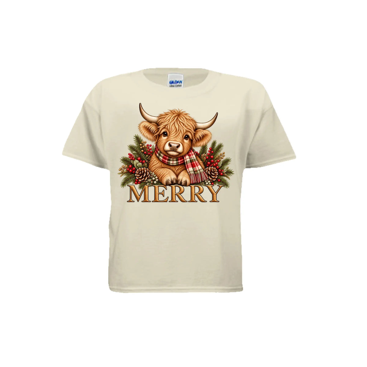 Merry Baby Highland Cow Children's Christmas T-Shirt by Knitted Grace Boutique