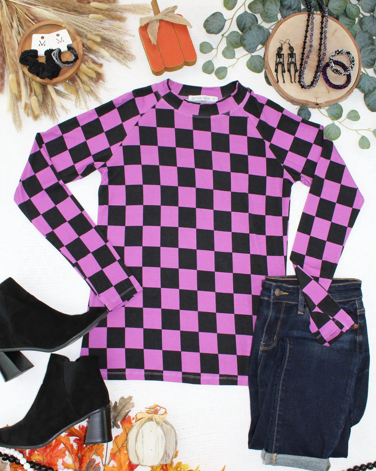 IN STOCK Blair Long Sleeve Top - Black and Purple Checkers by Michelle Mae