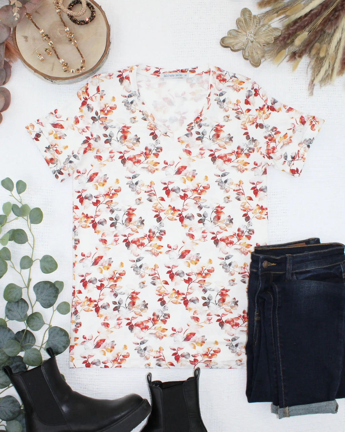 Women Sophie V Neck Top Soft Stretch Cuffed Sleeve Autumn Watercolor Tee by Michelle Mae