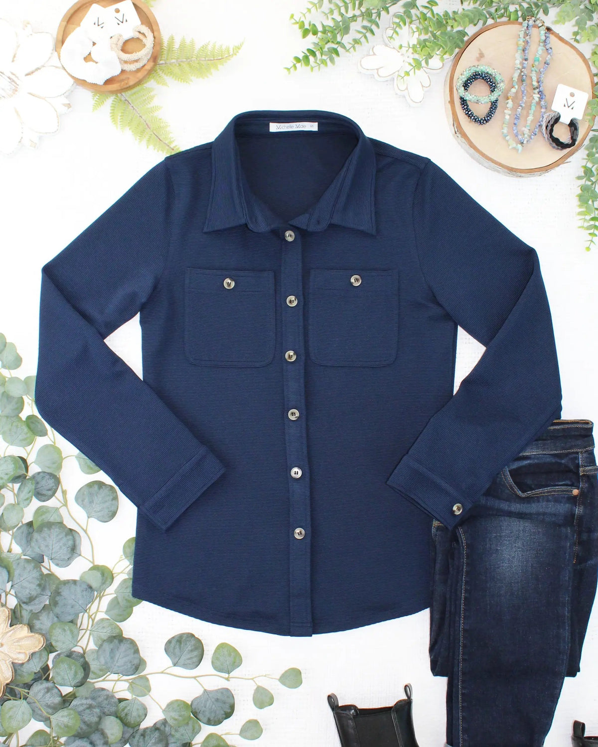 IN STOCK Ryleigh Ribbed Button Down - Navy by Michelle Mae