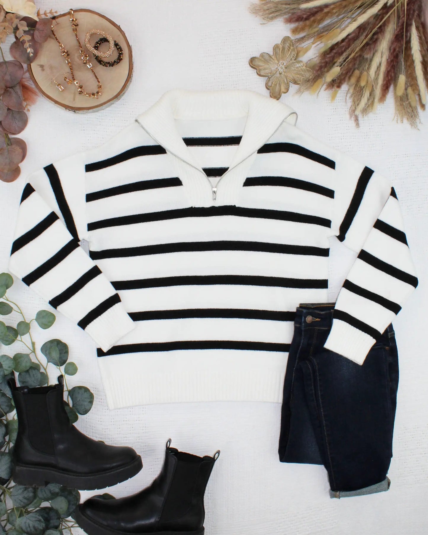 IN STOCK Quarter Zip Striped Pullover - Black and White by Michelle Mae