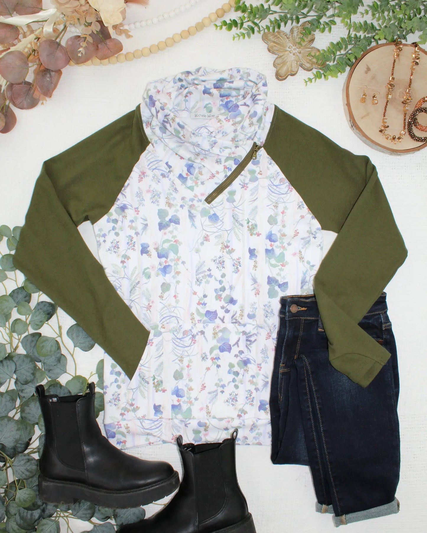 IN STOCK Classic Zoey ZipCowl Sweatshirt - Olive Meadow and Olive by Michelle Mae